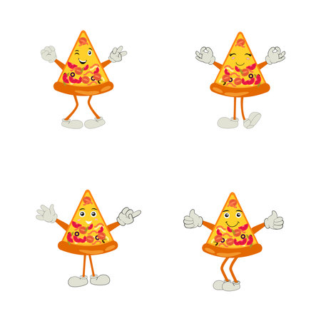 Pizza Cartoon Character, modern vector template set of mascot illustrations. Food Object Icon Concept Isolated Premium Vector.のイラスト素材