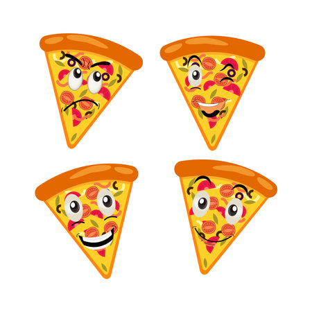 Pizza cartoon character, pizza character emotions, face, arms and legs. Funny cartoon characters. Trendy illustration in retro style. Vector kawaii line cartoon style illustrationのイラスト素材