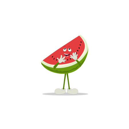 Watermelon slice character with funny face. Happy cute cartoon watermelon emoji set. Healthy vegetarian food character vector illustrationのイラスト素材
