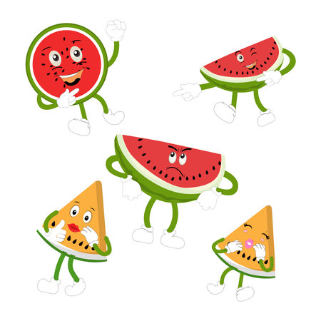 Funny watermelon slices characters with cartoon smile faces. Cute fruit in sunglasses surf. Summer time party. Comic watermelons vector setのイラスト素材