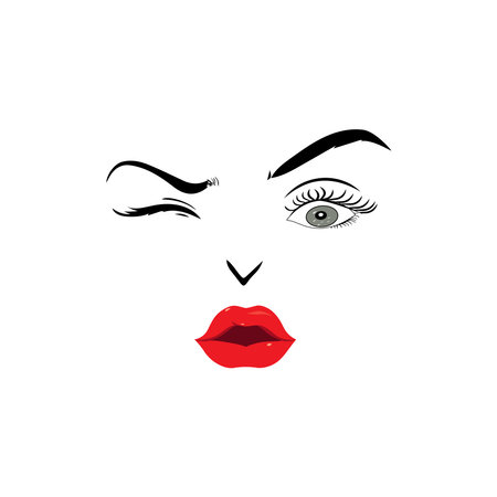 Beautiful woman face with red lips vector. Fashion model face close up, vector illustration. Beautiful woman face Eyebrow eyelashes sexy lips. EPS10のイラスト素材