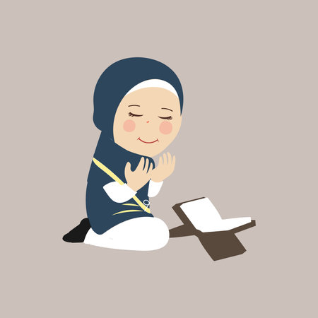 Muslim kid, little girl ramadan cartoon vector illustration.Cute female child in traditional clothes. Happy and smiling children character in hijab. Muslim girl in different actionのイラスト素材