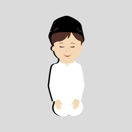 Happy muslim boy cartoon character vector. Muslim boy praying, Little muslim kid different pose and feel peace.のイラスト素材