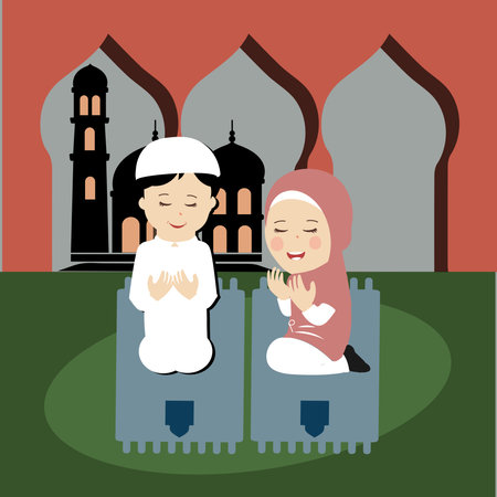 Happy ramadan kareem with kids character illustration. Moslem boy and girl Ramadan greeting card.のイラスト素材
