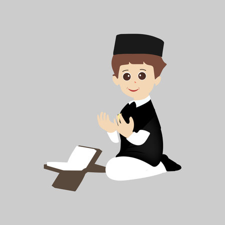 Muslim boy cartoon illustration for ramadan kareem And islamic culture, Cute cartoon young muslim boy different expressionsのイラスト素材