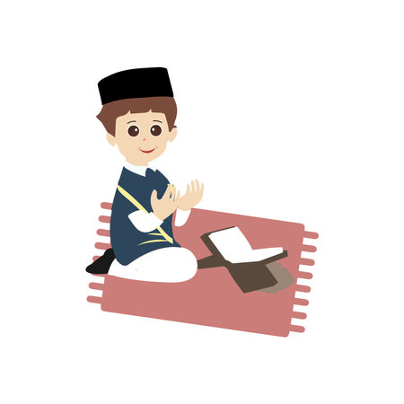 Muslim boy cartoon illustration for ramadan kareem And islamic culture, Cute cartoon young muslim boy different expressionsのイラスト素材