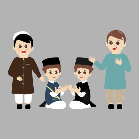 Set of muslim boy cartoon character for ramadan. Cute cartoon muslim boy. Set of kid muslim people doing activities. Vector illustration.のイラスト素材