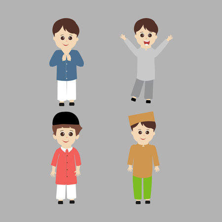 Set of muslim boy cartoon character for ramadan. Cute cartoon muslim boy. Set of kid muslim people doing activities. Vector illustration.のイラスト素材