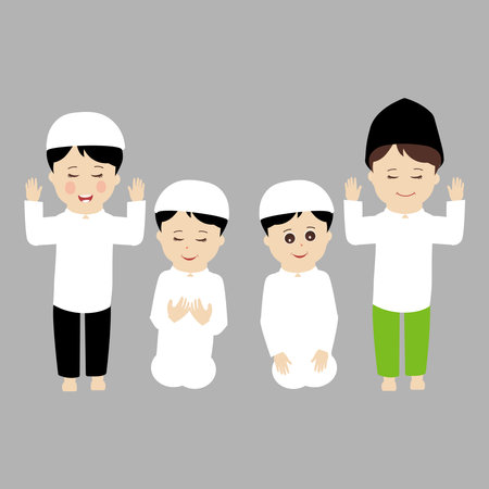 Set of muslim boy cartoon character for ramadan. Cute cartoon muslim boy. Set of kid muslim people doing activities. Vector illustration.のイラスト素材