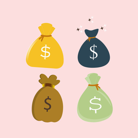 Money bag with money, coin and gold bar. Stack of shiny gold bars or ingots and money bag with coins. Business concept. Icon for web, games, apps. Vector illustration.のイラスト素材