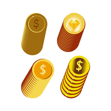 Money bag with money, coin and gold bar. Stack of shiny gold bars or ingots and money bag with coins. Business concept. Icon for web, games, apps. Vector illustration.のイラスト素材