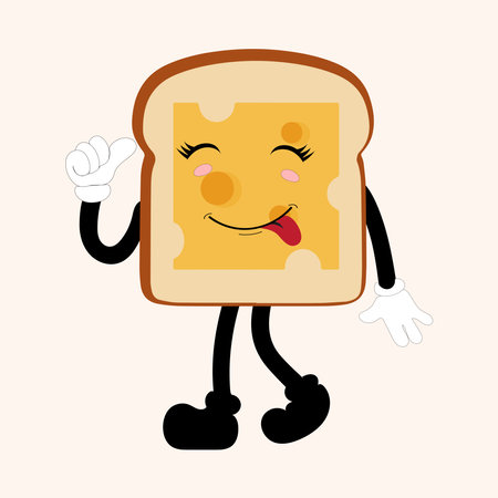 Happy Bread Slice Cartoon Mascot Character, Funny Sandwich Cartoon Vintage Bread Character Retro Style Bread Logo Vector Illustration 60s 70s Bread Retro Styleのイラスト素材