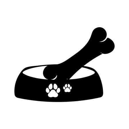 Dog Bowl With Bone Flat style icon vector illustration, black silhouette pet bowl with bone. Bowl for cat or dog for kibbles and water. Vector illustration in cute cartoon styleのイラスト素材