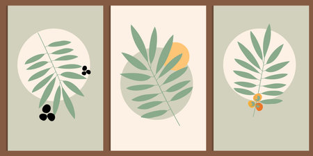 Botanical print set wall art, Tropical leaves and floral pattern minimal design for home wall art, social media post template, Vector illustrationのイラスト素材