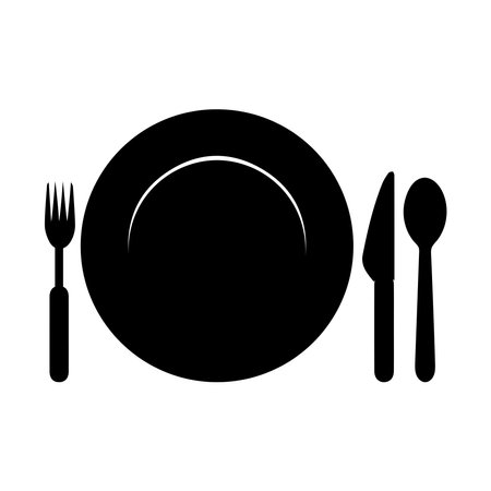 Plate, fork and knife icon in flat style. Food symbol isolated Plate icon. Flat vector illustration in black on white background. EPS 10のイラスト素材