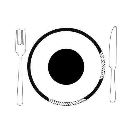 Plate, fork and knife icon in flat style. Food symbol isolated Plate icon. Flat vector illustration in black on white background. EPS 10のイラスト素材