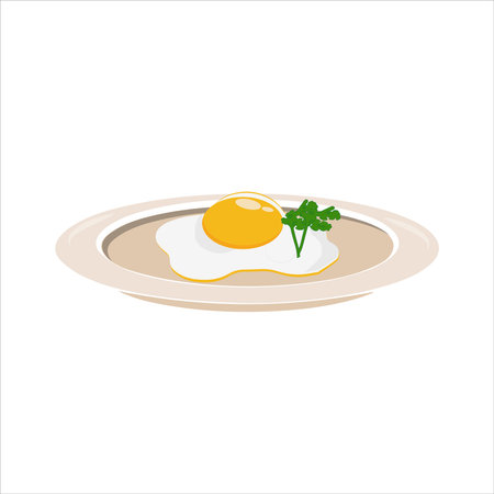 Fried egg on plate from above vector graphics, Various eggs. Different English breakfast, Vector illustration in cartoon style. Fried eggs with bacon and vegetables. EPS10のイラスト素材