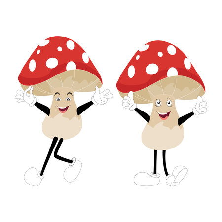 Mushroom character design different expression in vintage style, Kawaii mushroom cartoon mascot character vector illustration. Eps 10のイラスト素材