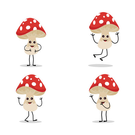 Mushroom character design different expression in vintage style, Kawaii mushroom cartoon mascot character vector illustration. Eps 10のイラスト素材