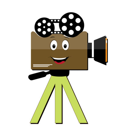 Movie camera mascots character, Retro movie film mascot cartoon style Vector hand drawn illustration, suitable for cinema and children's filmmaking themesのイラスト素材