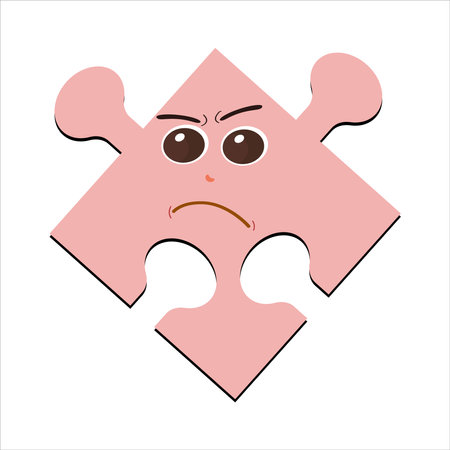 Puzzles faces. Funny bright puzzle pieces characters cute smile or angry face emotion, jigsaw emoji join friends creative shape cartoon mascot concept vector illustration of puzzleのイラスト素材