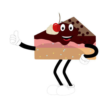 Groovy cake sliced cartoon mascot character with smile. Funny retro birthday cake slice in sneakers,...