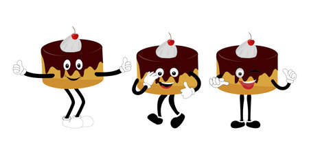 Groovy cake sliced cartoon mascot character with smile. Funny retro birthday cake slice in sneakers, confectionery mascot, Graphic element for websiteのイラスト素材