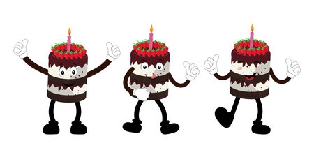 Cute sweet birthday cake cartoon character design, vintage character cartoon birthday cake, retro sticker of happy chocolate cake with candlesのイラスト素材