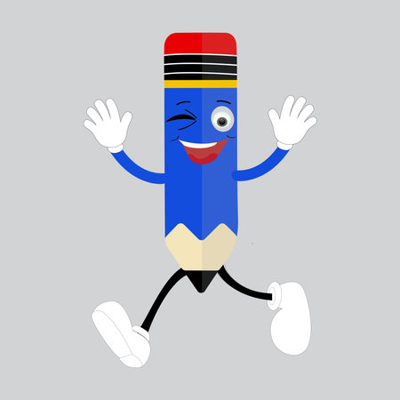 Hand drawn cute illustration school pencil character with smiling face. Flat icon college stationery with rubber in colored doodle style. Education or study sticker, iconのイラスト素材