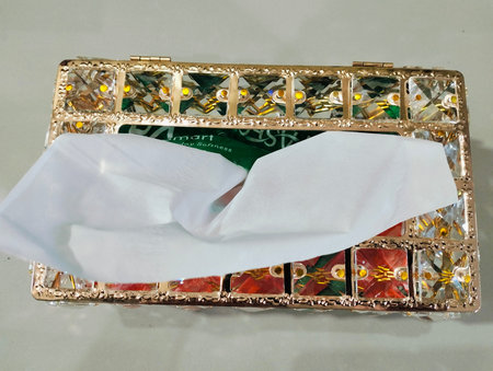 Crystal tissue box  designed to adorn dining room settings with sophistication. The crystal embellishments add a touch of luxury to the dining table, enhancing the overall ambianceの写真素材