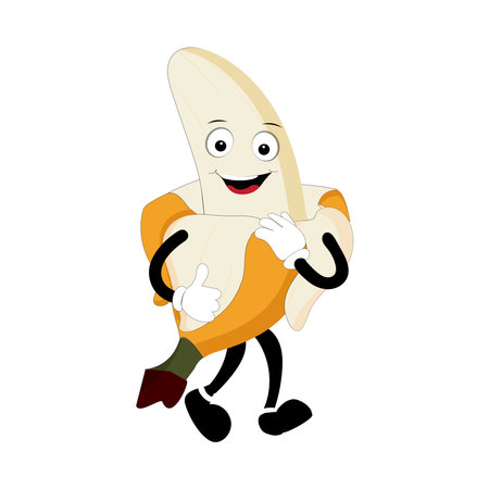 Banana mascot cartoon character, fruit cartoon character emoticon Cartoon happy banana mascot character waving hand. Mood booster fruit illustration of walking bananaのイラスト素材