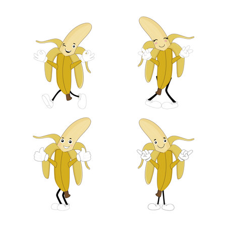 Groovy banana. Set funny cartoon trendy retro style fruit character. Ripe banana and banana peel in flat style. Doodle comic illustration dancing banana.のイラスト素材