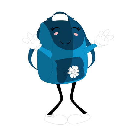 Backpack mascot cartoon Back to school and have fun. Character doodle illustration of walking school bag, Retro character design of a school bagのイラスト素材