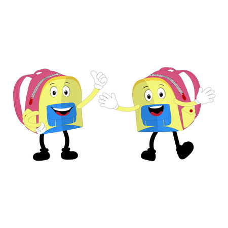 A set of cartoon backpack mascots with different expressions and poses. Perfect for educational materials, promotional graphics, and childrenâs content.のイラスト素材