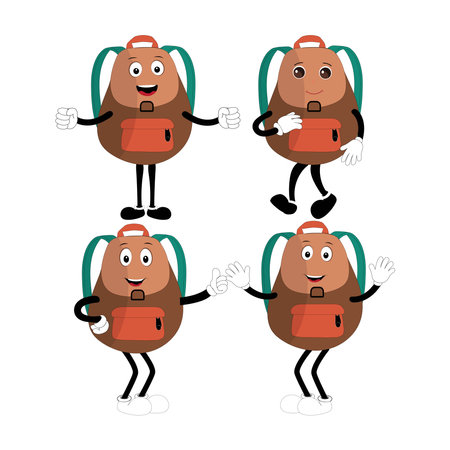 A set of cartoon backpack mascots with different expressions and poses. Perfect for educational materials, promotional graphics, and childrenâs content.のイラスト素材