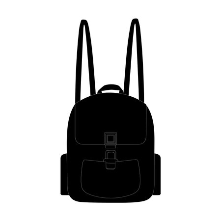 A black backpack silhouette with a front pocket and side pockets. Ideal for use in promotional materials, advertisements, and product illustrations.のイラスト素材