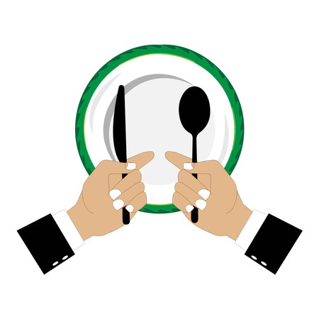 Simple Vector of Hands Holding Cutlery on Empty Plate, Elegant Hands Holding Cutlery with Empty Plate.のイラスト素材