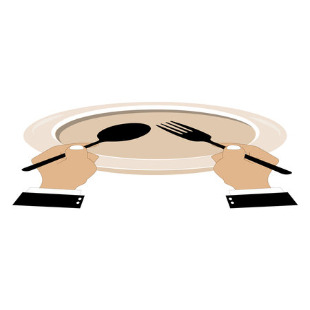 Simple Vector of Hands Holding Cutlery on Empty Plate, Elegant Hands Holding Cutlery with Empty Plate.のイラスト素材