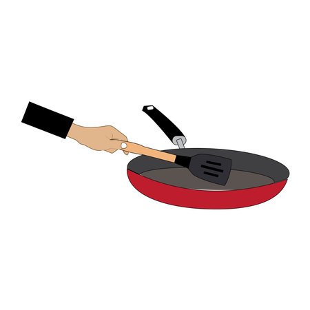 Kitchen steel utensils and kitchenware. Hands holding frying pan and plastic slotted spatula, ceramic dish, stainless fork, spoon woodenのイラスト素材