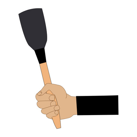 Kitchen steel utensils and kitchenware. Hands holding frying pan and plastic slotted spatula, ceramic dish, stainless fork, spoon woodenのイラスト素材