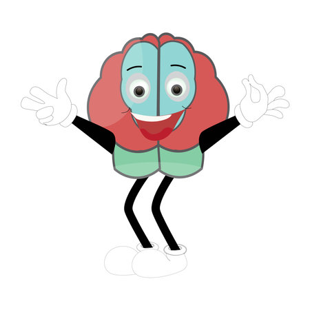 Cute brain mascot character, Happy cartoon brain illustration. Waving hand, fun mascot illustration, educational symbol, cute organ, smart idea, mental health conceptのイラスト素材