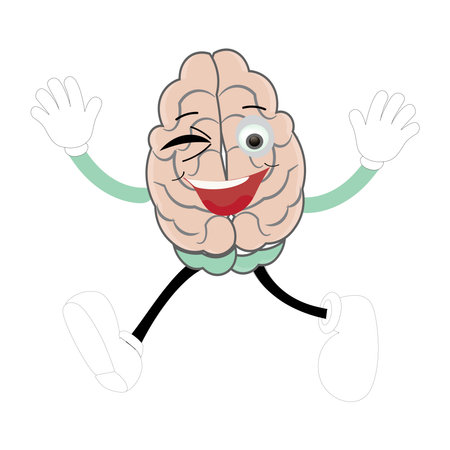 Cute brain mascot character, Happy cartoon brain illustration. Waving hand, fun mascot illustration, educational symbol, cute organ, smart idea, mental health conceptのイラスト素材