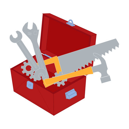 Toolbox filled with various tools in flat design vector, Handyman toolbox with hammer and pliers.のイラスト素材