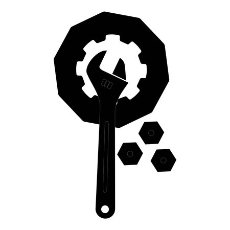 Set of wrench and gear icons in black silhouette style. Vector illustration representing mechanical tools, repair, engineering, industrial design, and machinery concept.のイラスト素材
