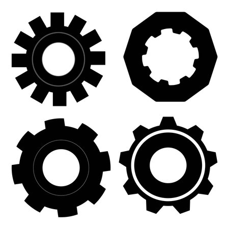 Set of black gear and cogwheel icons in different shapes. Simple vector illustration for mechanical, industrial, engineering, and machinery design concepts.のイラスト素材