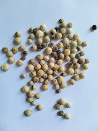 Dried white peppercorns isolated on white board with close up detail showing natural spice texture and culinary seasoning conceptの写真素材