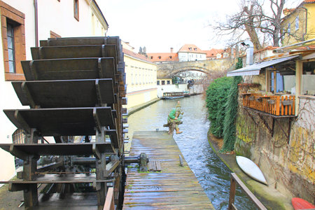 An old water mill at the house on the Vltava River in Pragueの写真素材
