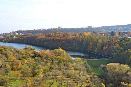 Forest lake in the autumn forest on a bright sunny dayの写真素材