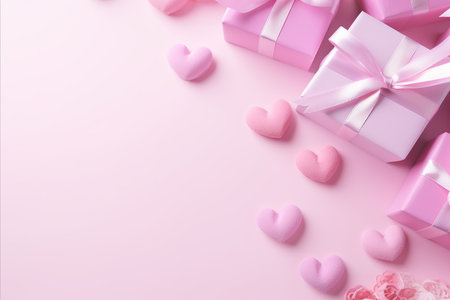 Valentine's day background with pink gift boxes and pink heartsの写真素材