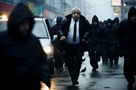 Handsome middle-aged man in black suit and tie is walking on the street.の素材